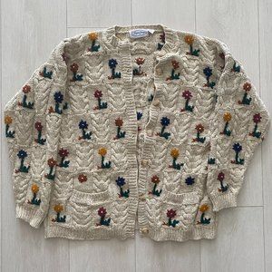 Vintage Cable Knit Oatmeal Floral Cardigan